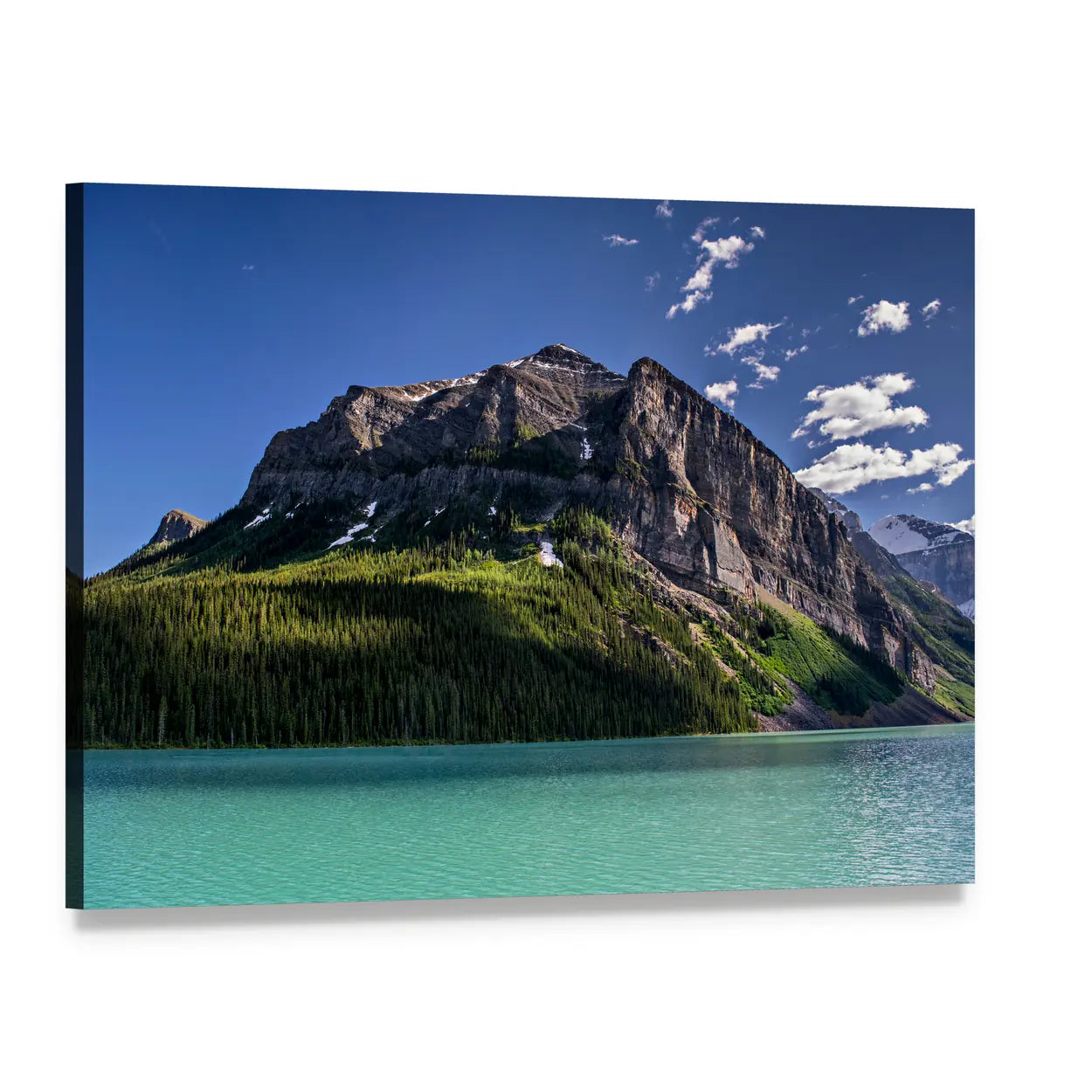 Lake Louise Turquoise Lake and Mountain Peak Canvas Wall Art, single panel gallery wrapped canvas, angled product view