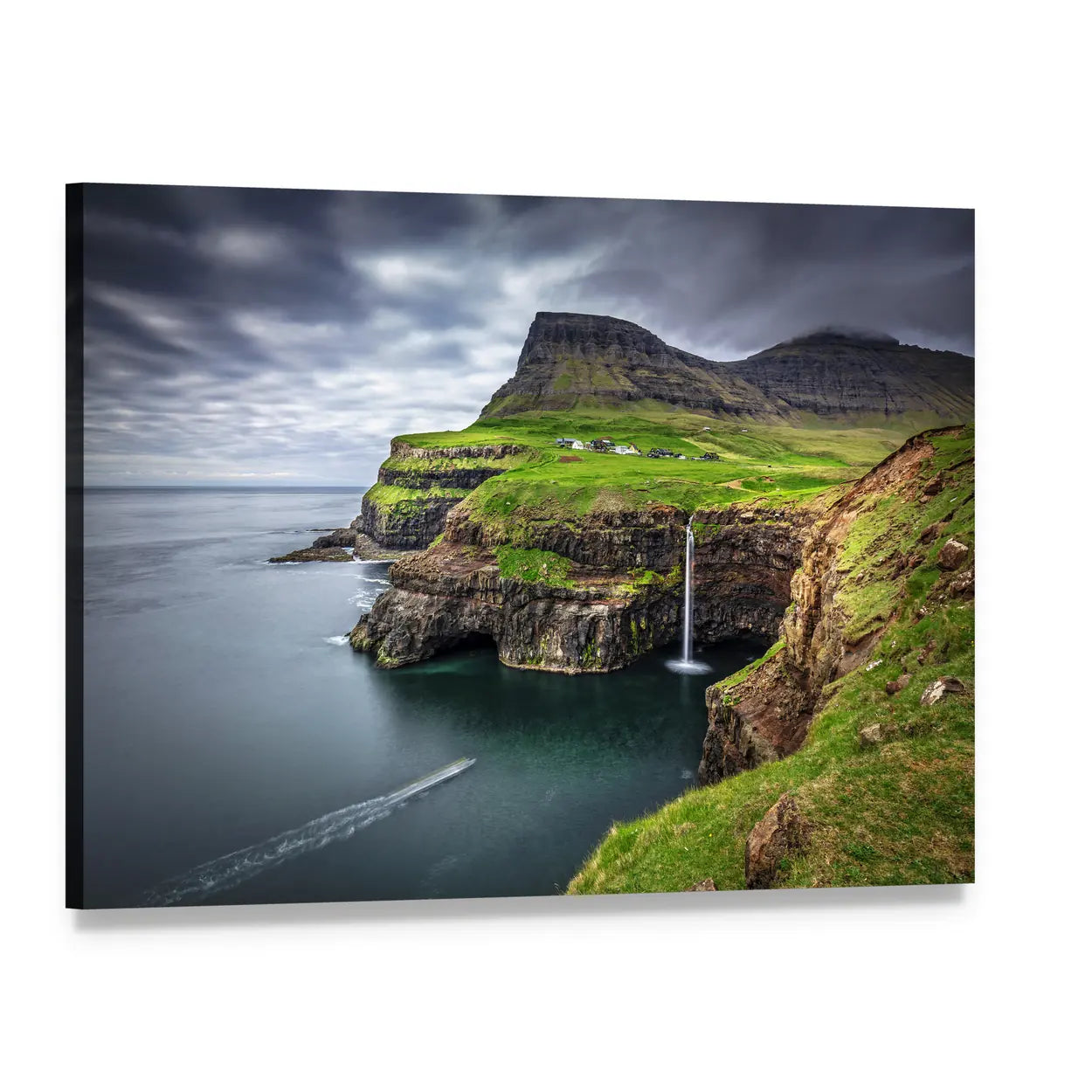 Gasadalur Waterfall and Coastal Cliffs Canvas Wall Art, single panel gallery wrapped canvas, angled product view