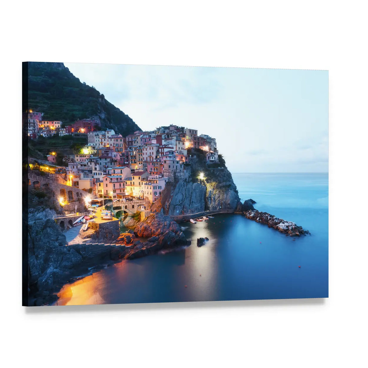 Manarola Clifftop Village at Twilight Canvas Wall Art, single panel gallery wrapped canvas, angled product view