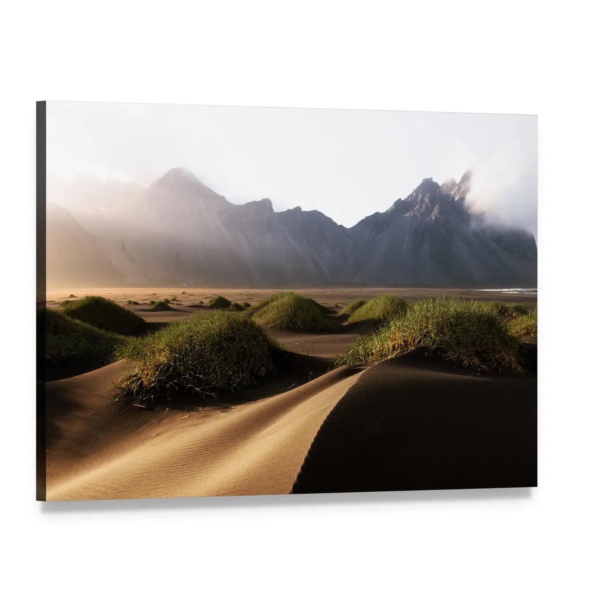 Vestrahorn Mountain in Golden Light Canvas Wall Art, single panel gallery wrapped canvas, angled product view