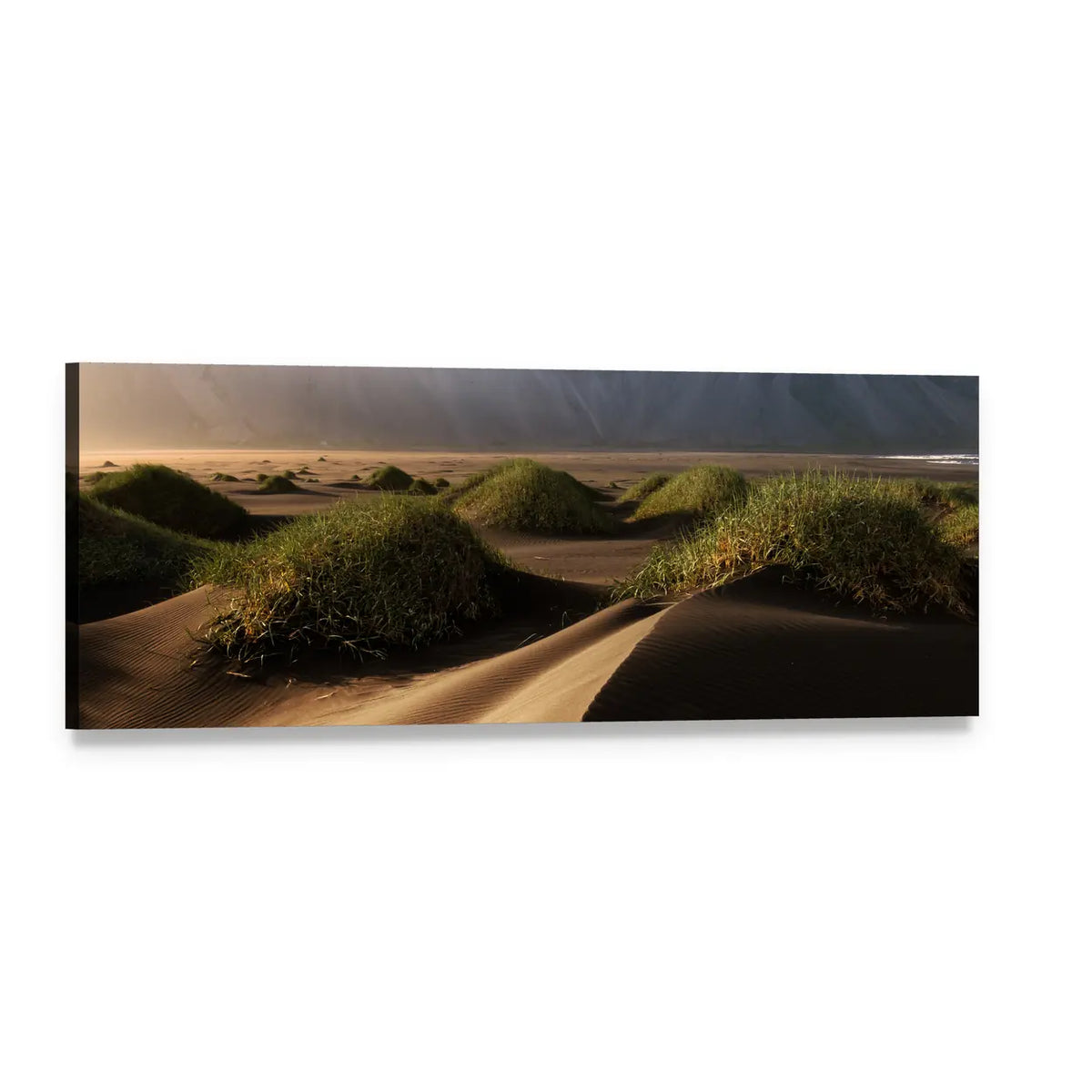 Vestrahorn Mountain at Golden Hour Panoramic Canvas Wall Art, single panel gallery wrapped canvas, angled product view