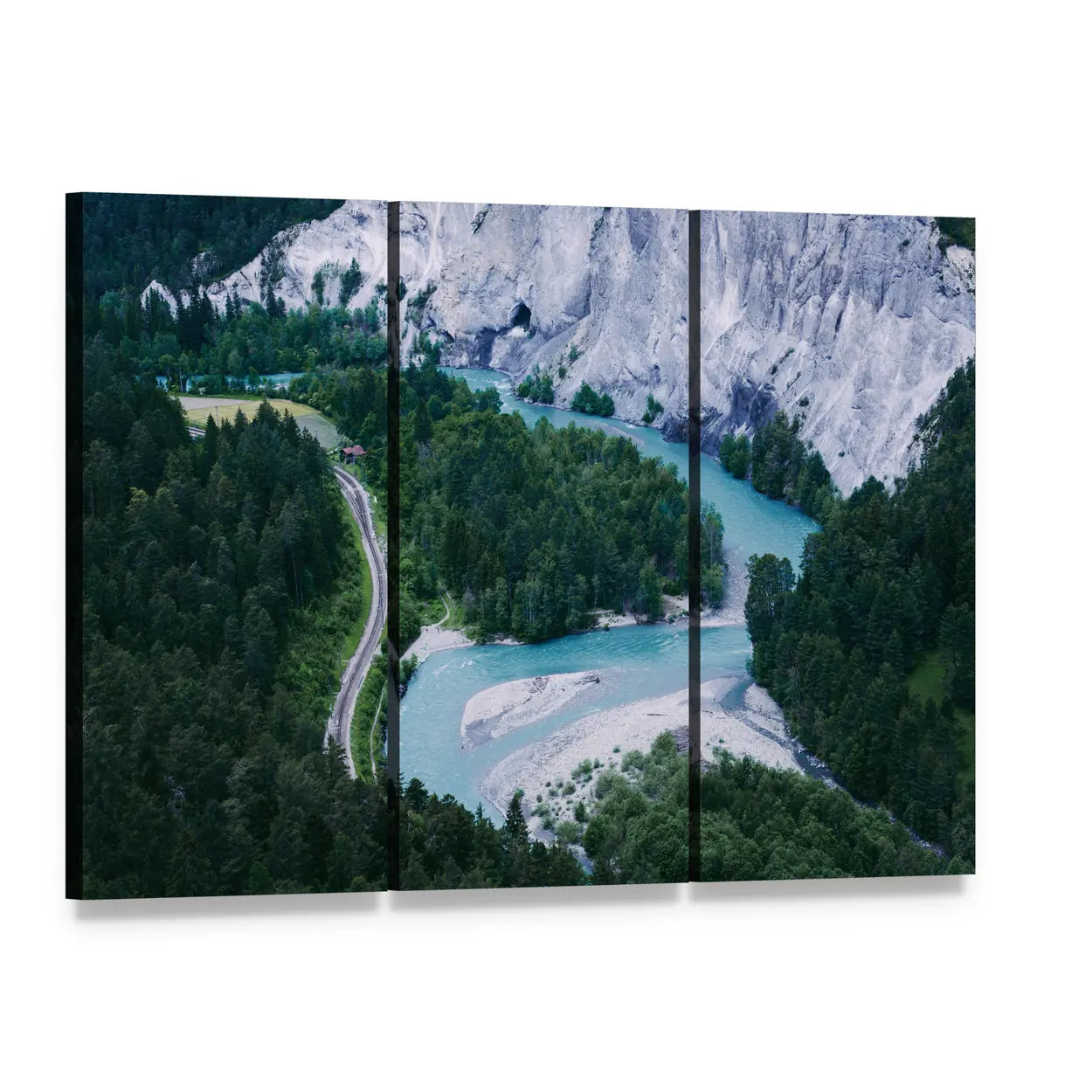 Ruinaulta Canyon Over Turquoise River Canvas Wall Art, 3 panel 3 Horizontal layout gallery wrapped canvas set, angled product view