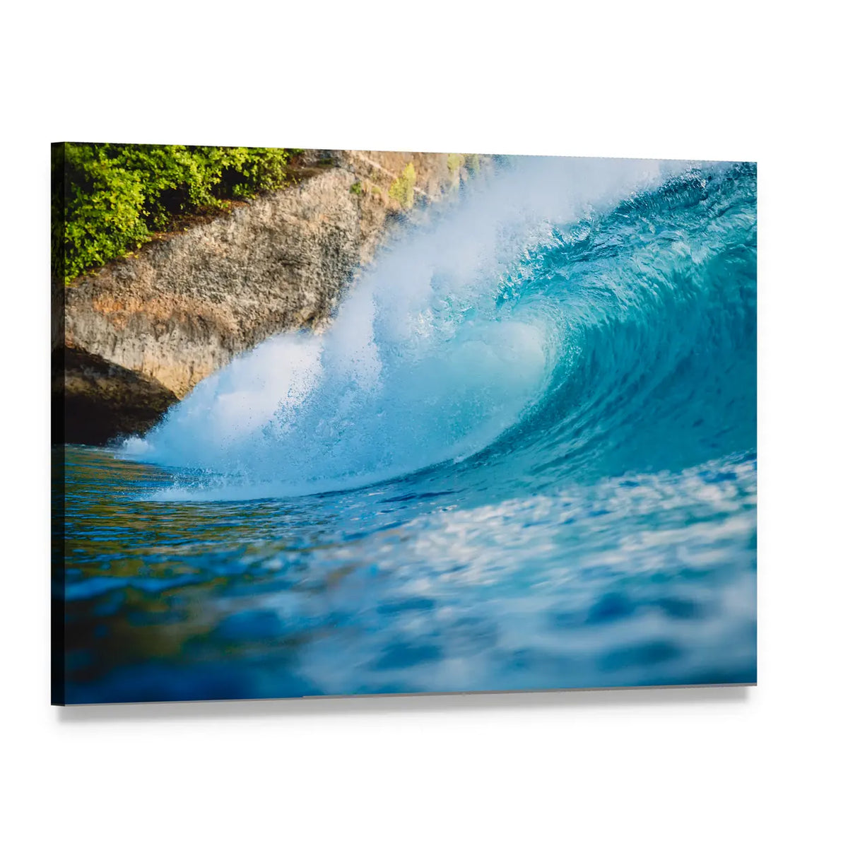 Breaking Blue Barrel Wave Canvas Wall Art, single panel gallery wrapped canvas, angled product view