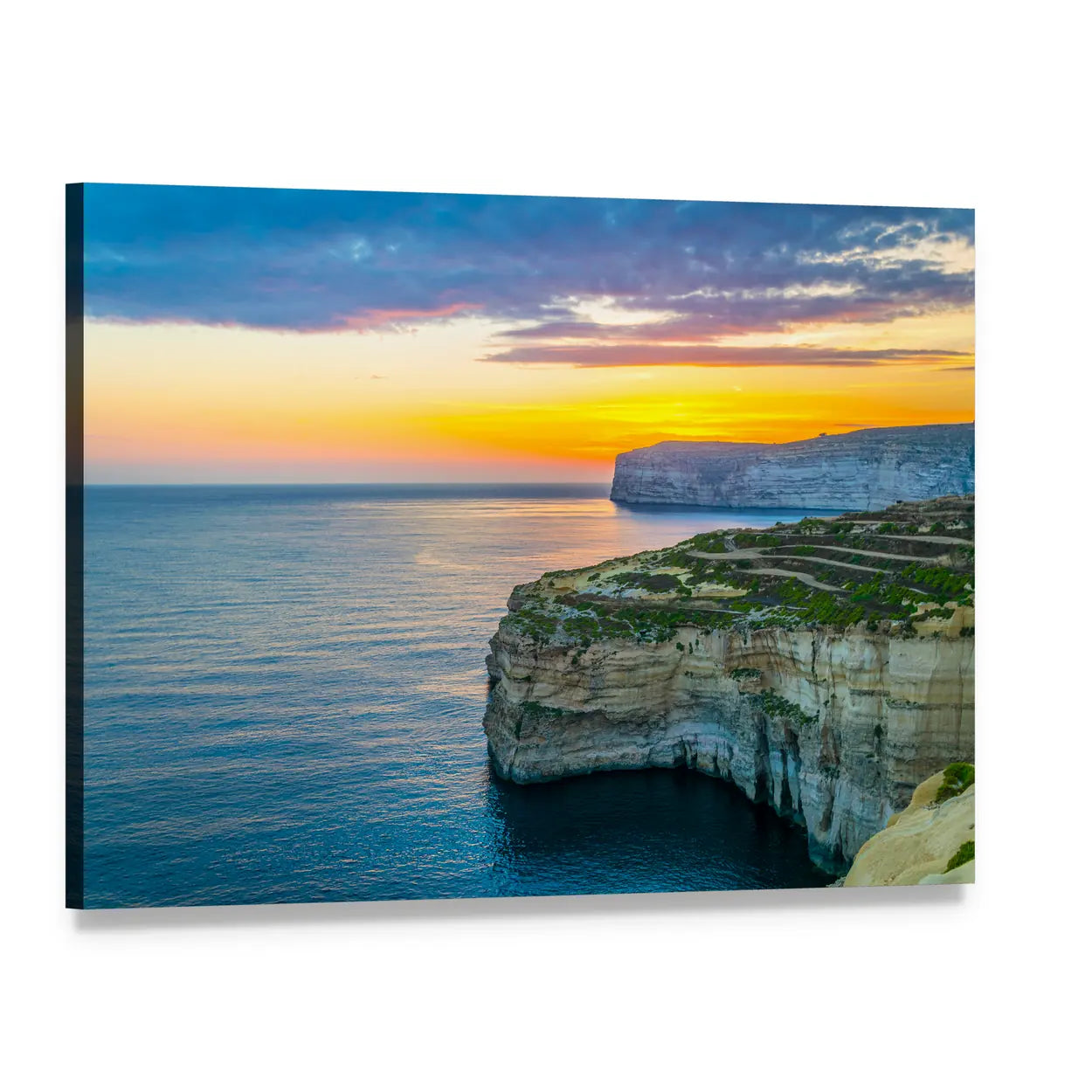 Sunset Over Coastal Cliffs Canvas Wall Art, single panel gallery wrapped canvas, angled product view