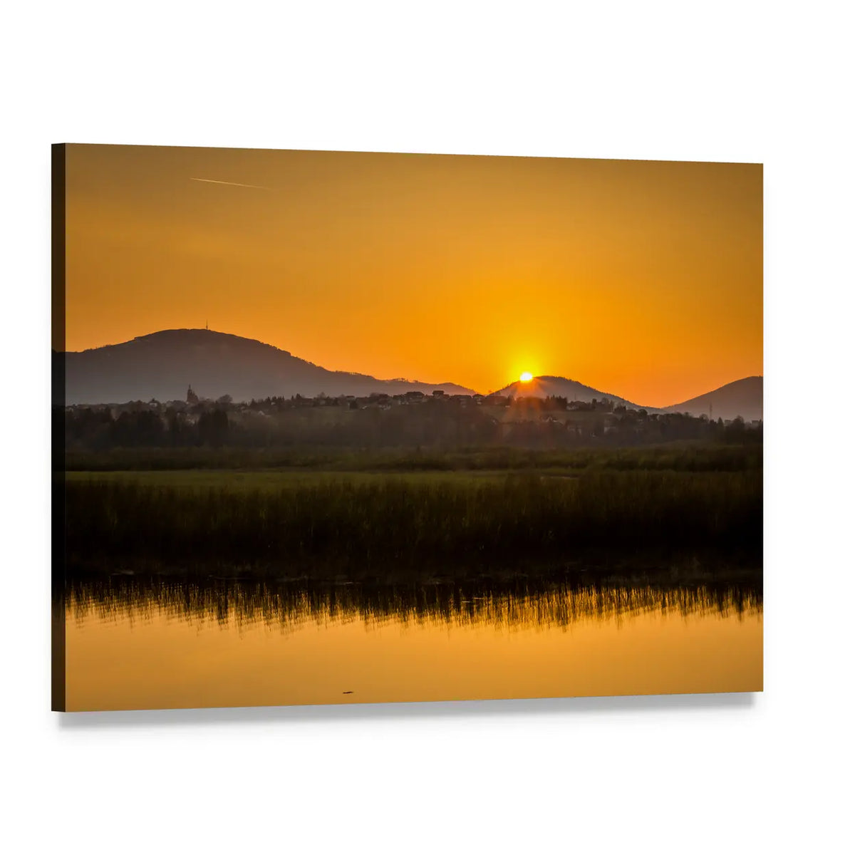 Golden Sunset Over Mountain Lake Canvas Wall Art, single panel gallery wrapped canvas, angled product view