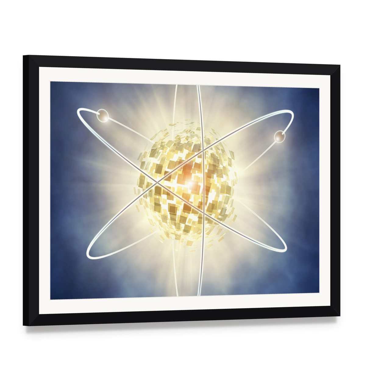 Nuclear Fission Concept Canvas Wall Art, framed print with white mat and black frame, angled product view