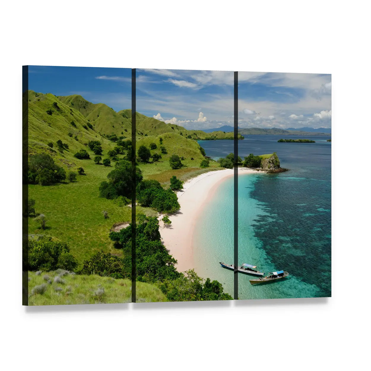 Komodo National Park Pink Sand Beach Canvas Wall Art, 3 panel 3 Horizontal layout gallery wrapped canvas set, angled product view