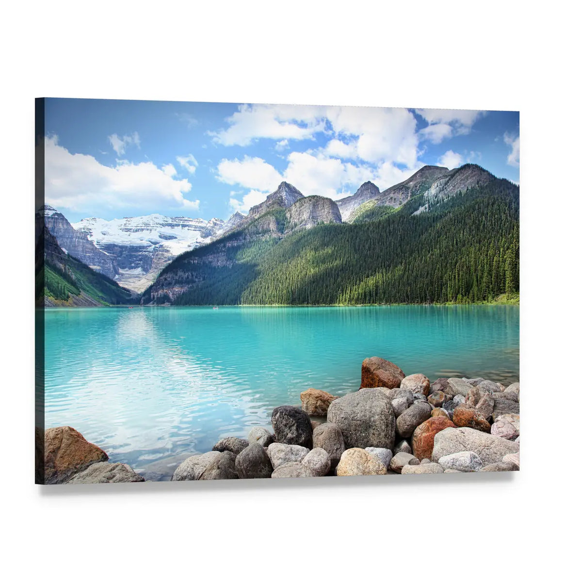 Lake Louise Turquoise Lake with Mountains Canvas Wall Art, single panel gallery wrapped canvas, angled product view