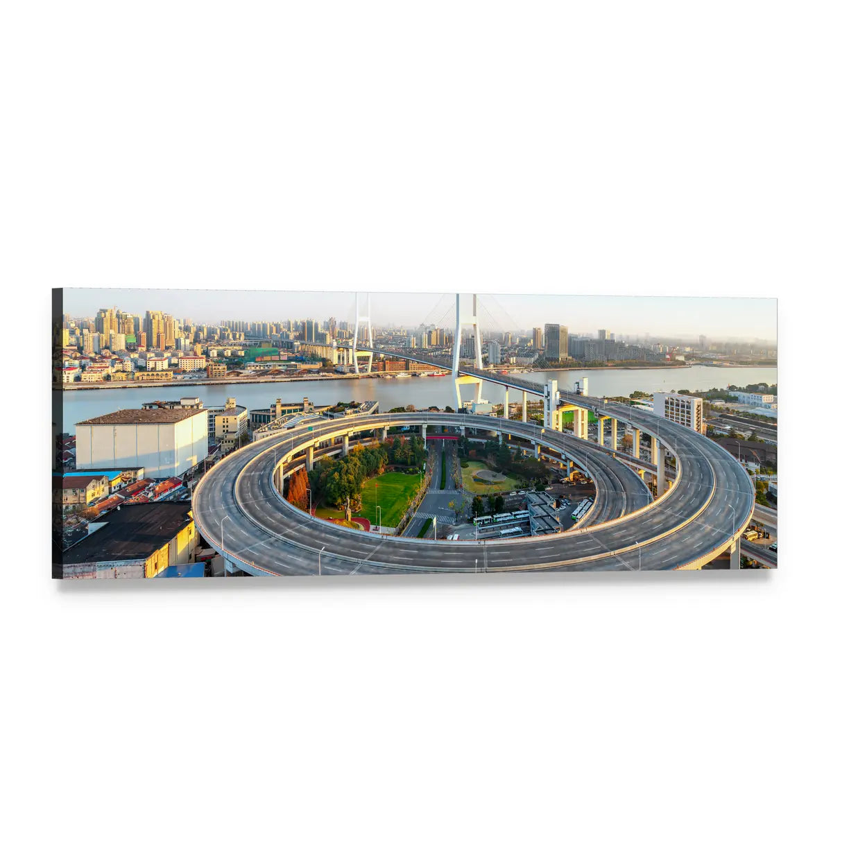 Nanpu Bridge Spiral Overpass, Shanghai Skyline Panoramic Canvas Wall Art, single panel gallery wrapped canvas, angled product view