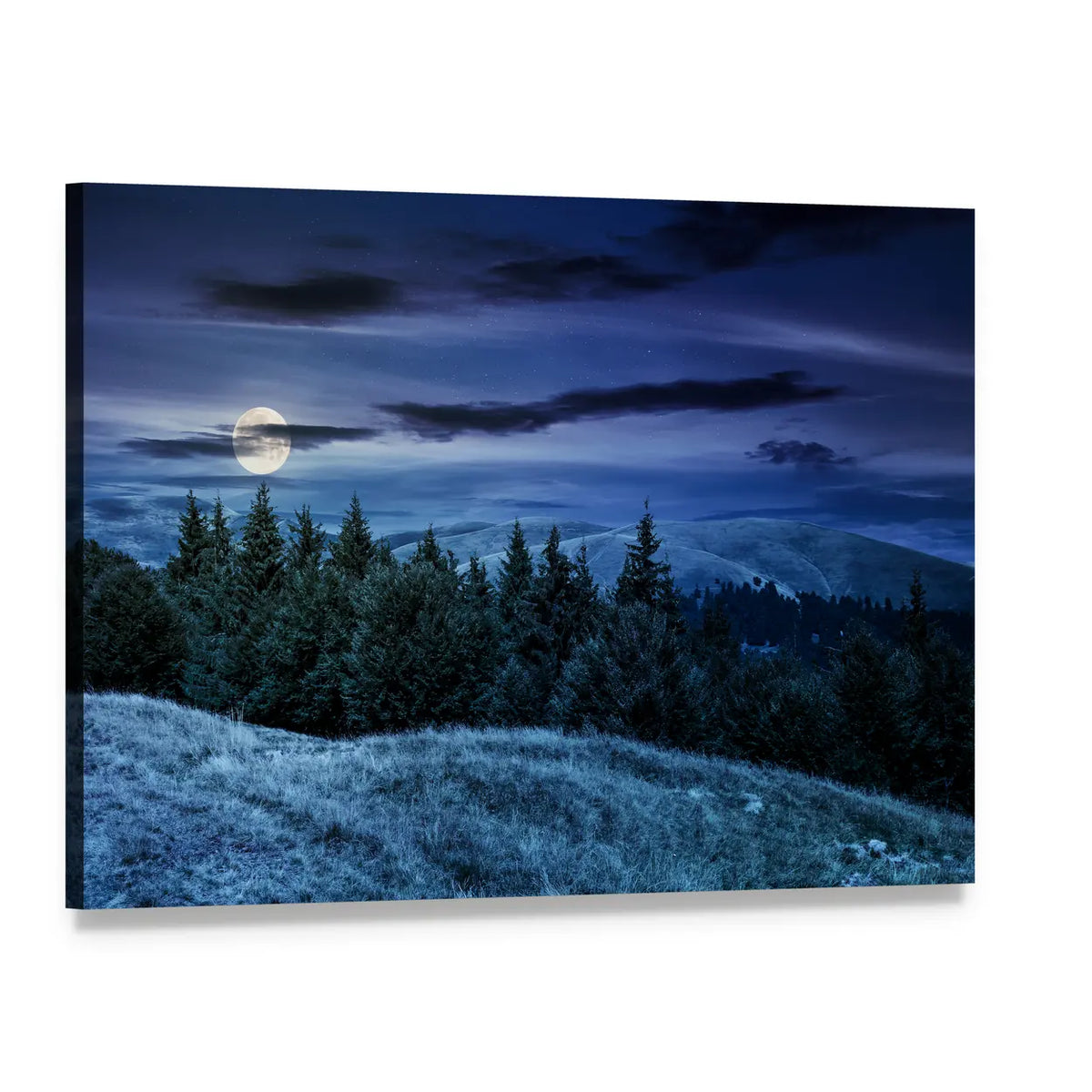 Forested Hills at Night Canvas Wall Art, single panel gallery wrapped canvas, angled product view