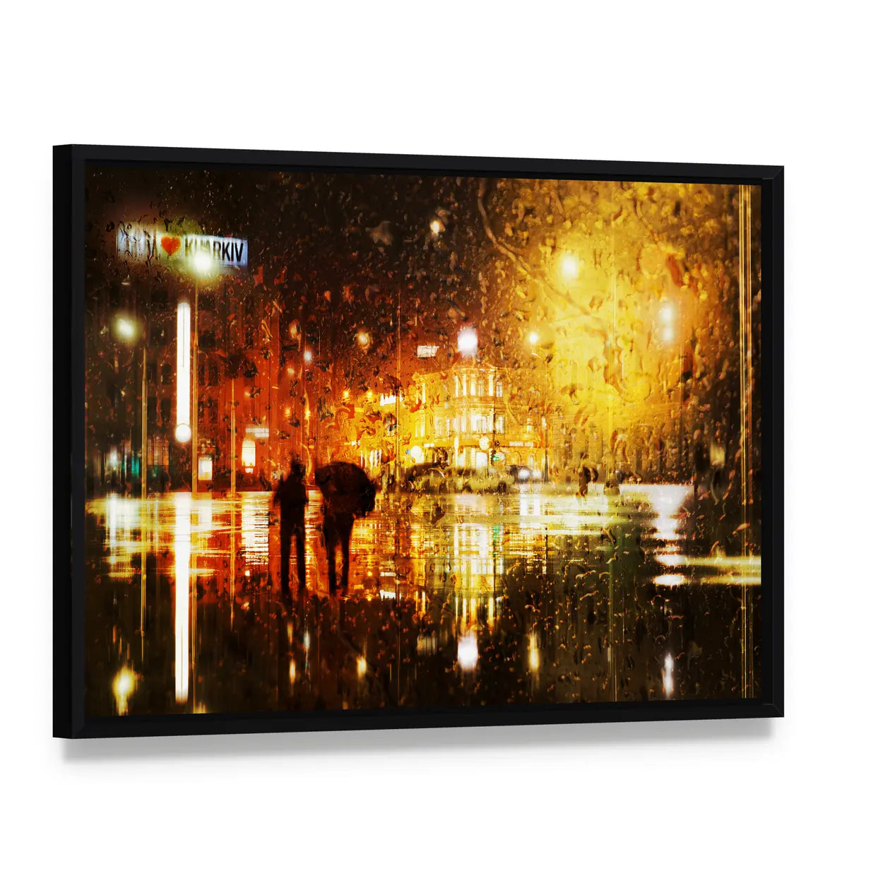 The Couple At The Rain In The City Canvas Wall Art, framed canvas in a black floater frame, angled product view