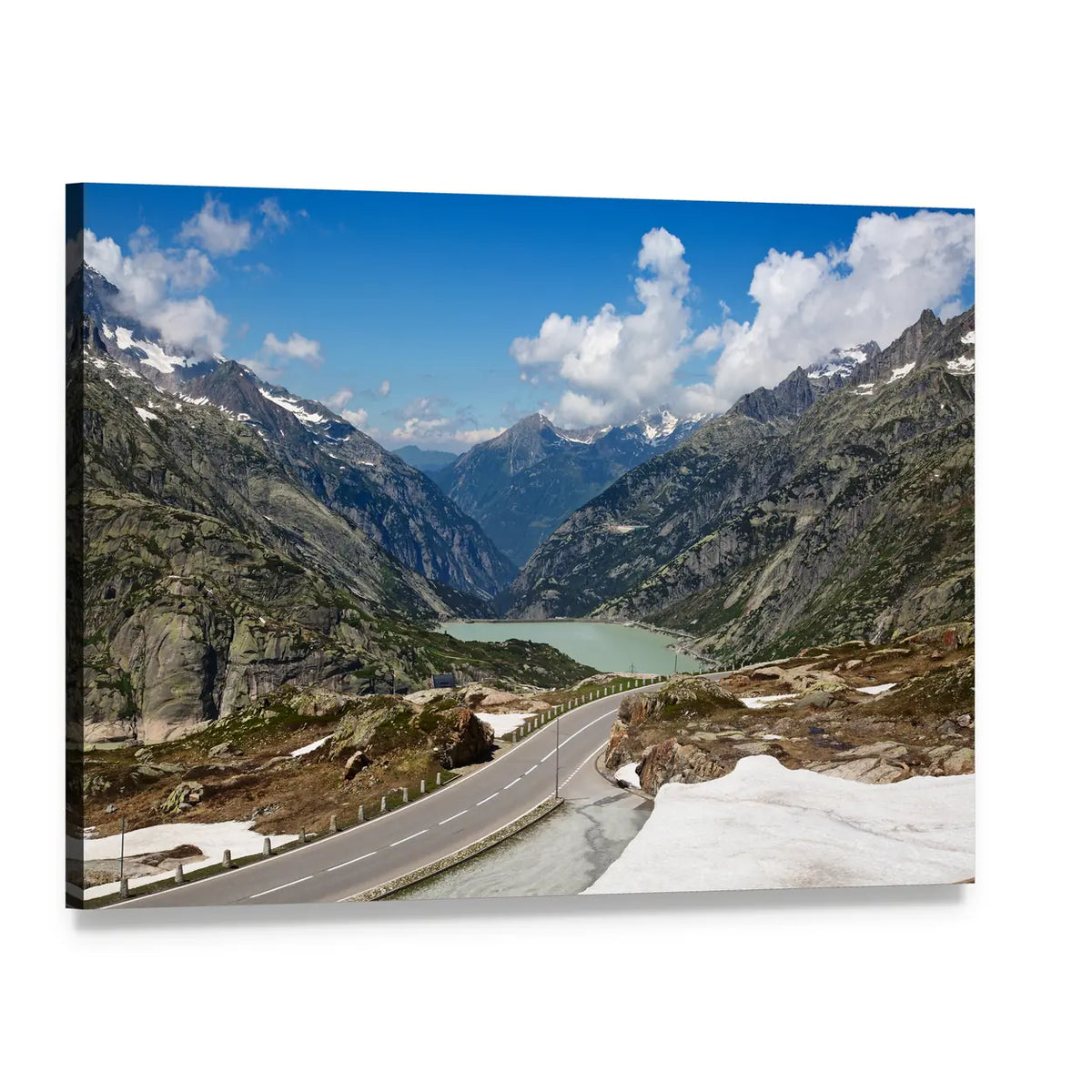 Serpentine Road in Swiss Alps Canvas Wall Art, single panel gallery wrapped canvas, angled product view