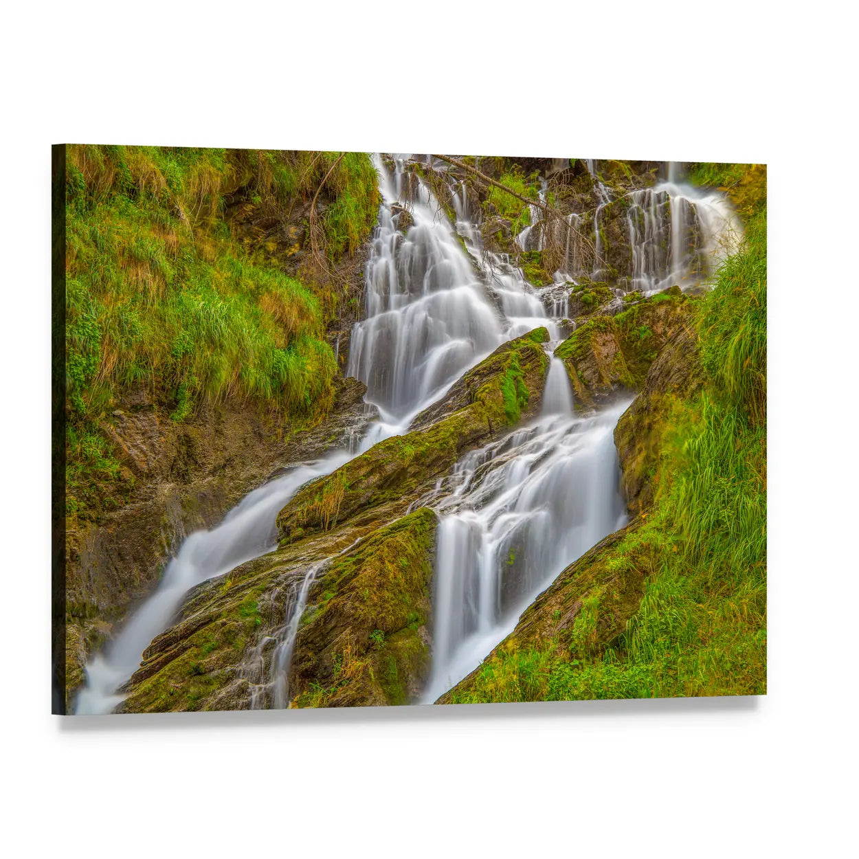 Long-exposure Waterfall with Lush Greenery Canvas Wall Art, single panel gallery wrapped canvas, angled product view