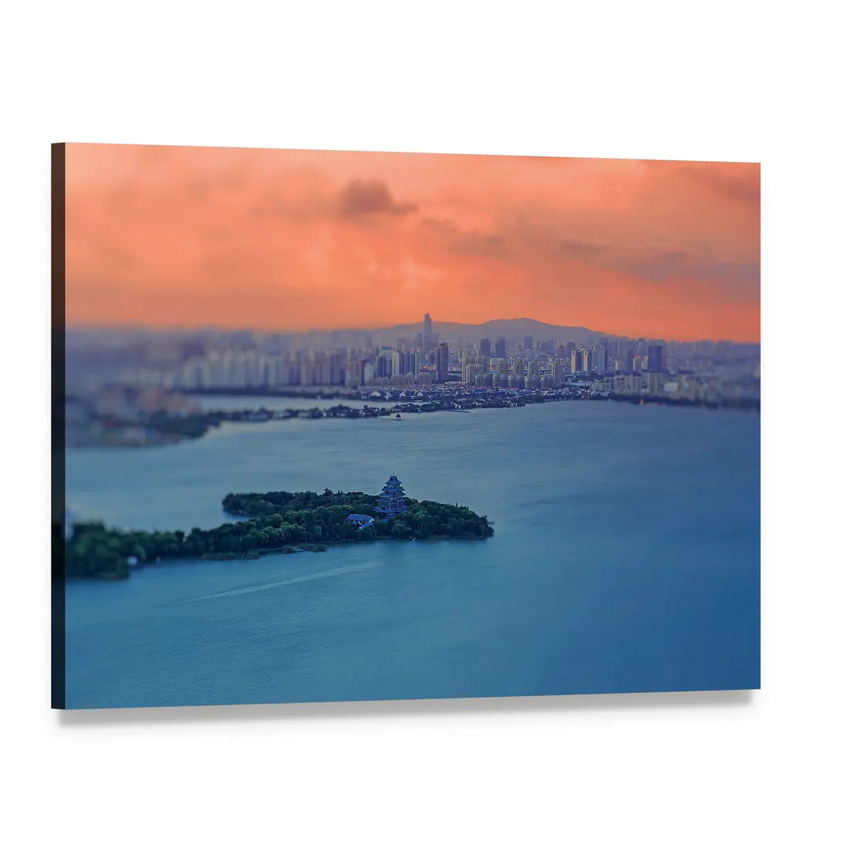 Jinji Lake Night Skyline Canvas Wall Art, single panel gallery wrapped canvas, angled product view