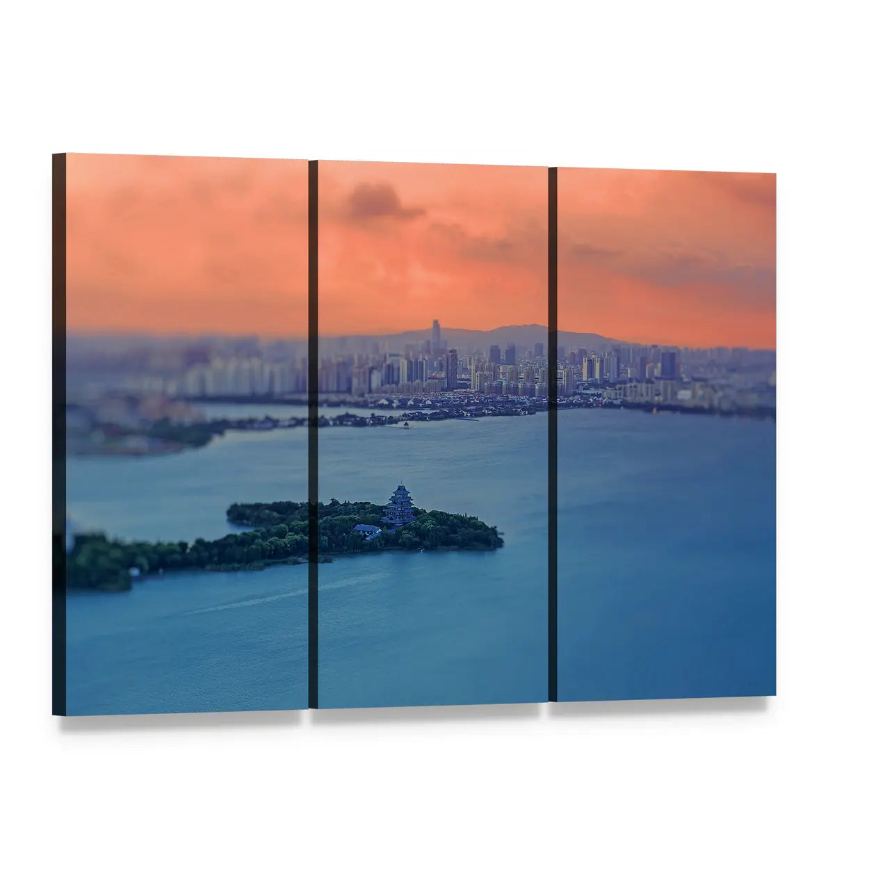 Jinji Lake Night Skyline Canvas Wall Art, 3 panel 3 Horizontal layout gallery wrapped canvas set, angled product view
