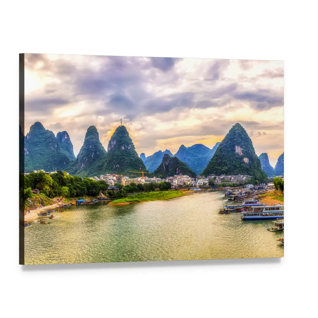 Karst Mountains and River at Sunset Canvas Wall Art, single panel gallery wrapped canvas, angled product view