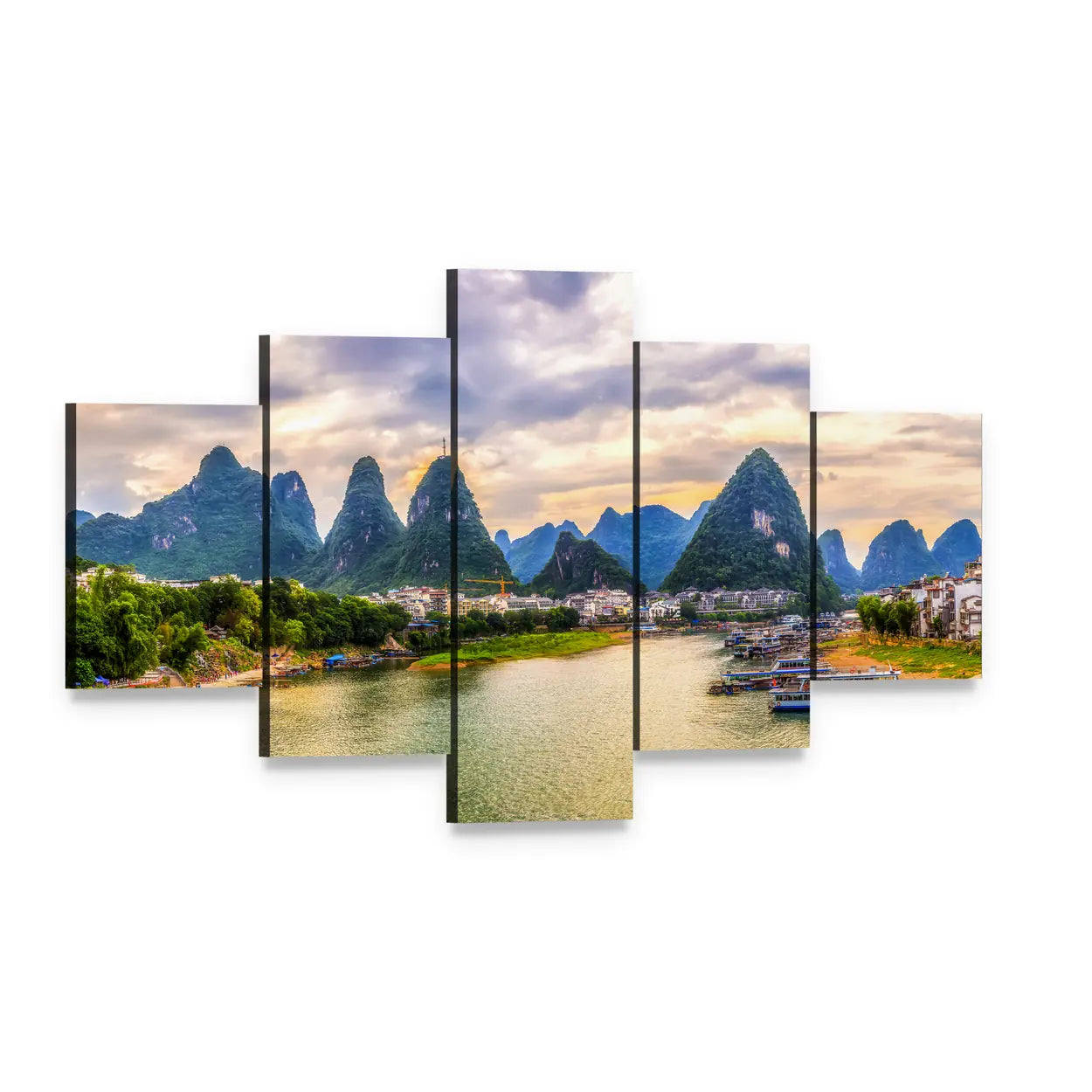 Karst Mountains and River at Sunset Canvas Wall Art, 5 panel 5 Star layout gallery wrapped canvas set, angled product view