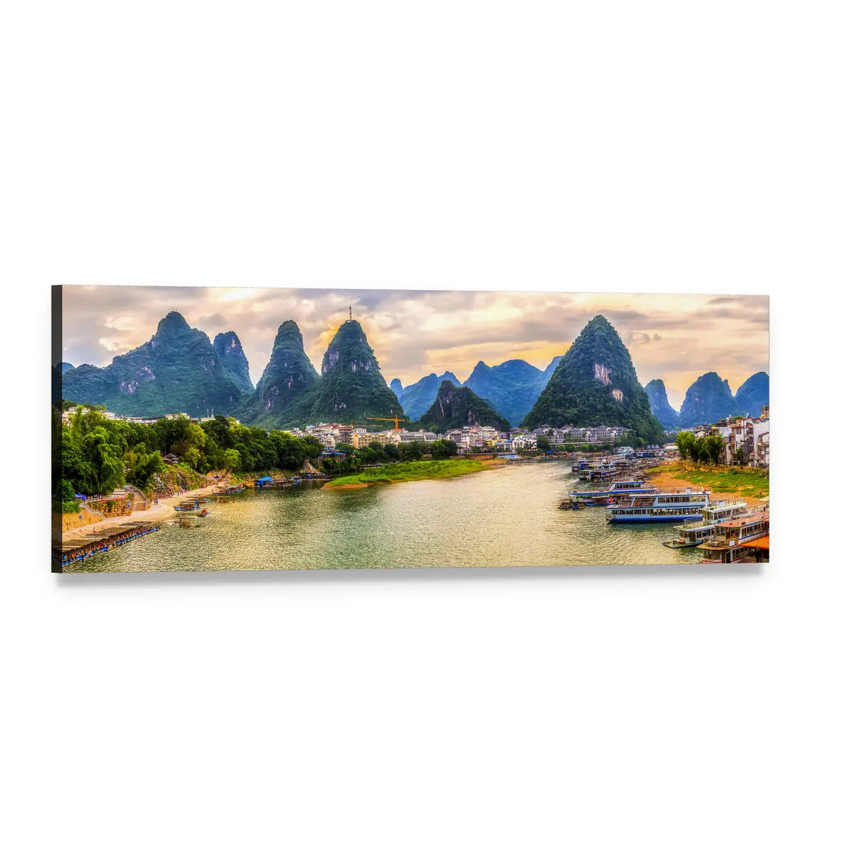 Guilin River and Karst Peaks at Golden Hour Panoramic Canvas Wall Art, single panel gallery wrapped canvas, angled product view