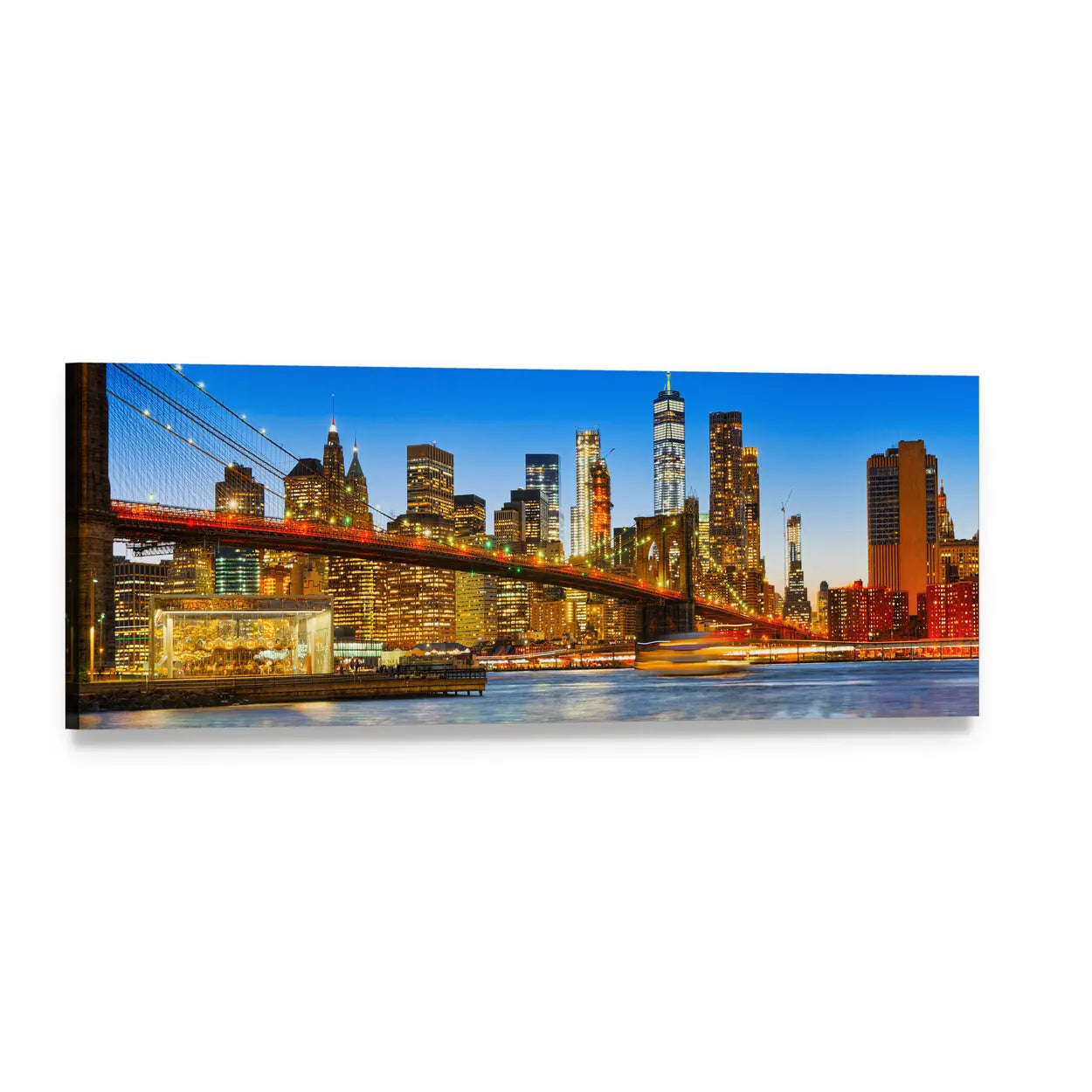 Manhattan Skyline with Brooklyn Bridge at Night Panoramic Canvas Wall Art, single panel gallery wrapped canvas, angled product view