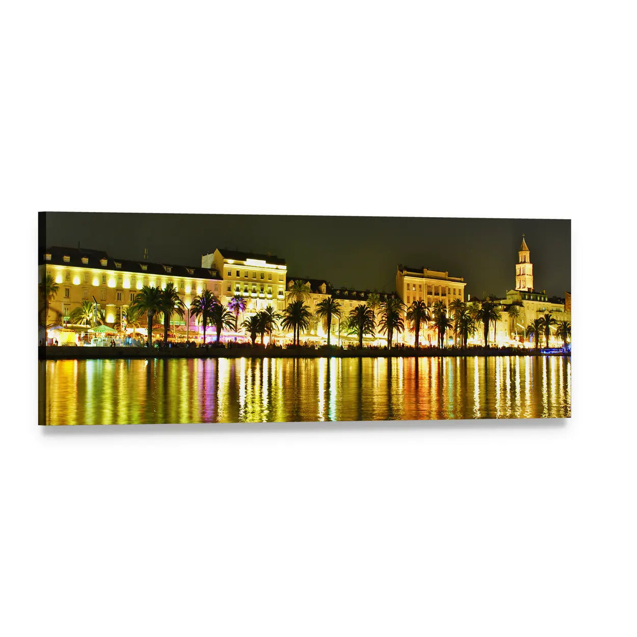 Old Town Croatia Night Reflections Panoramic Canvas Wall Art, single panel gallery wrapped canvas, angled product view