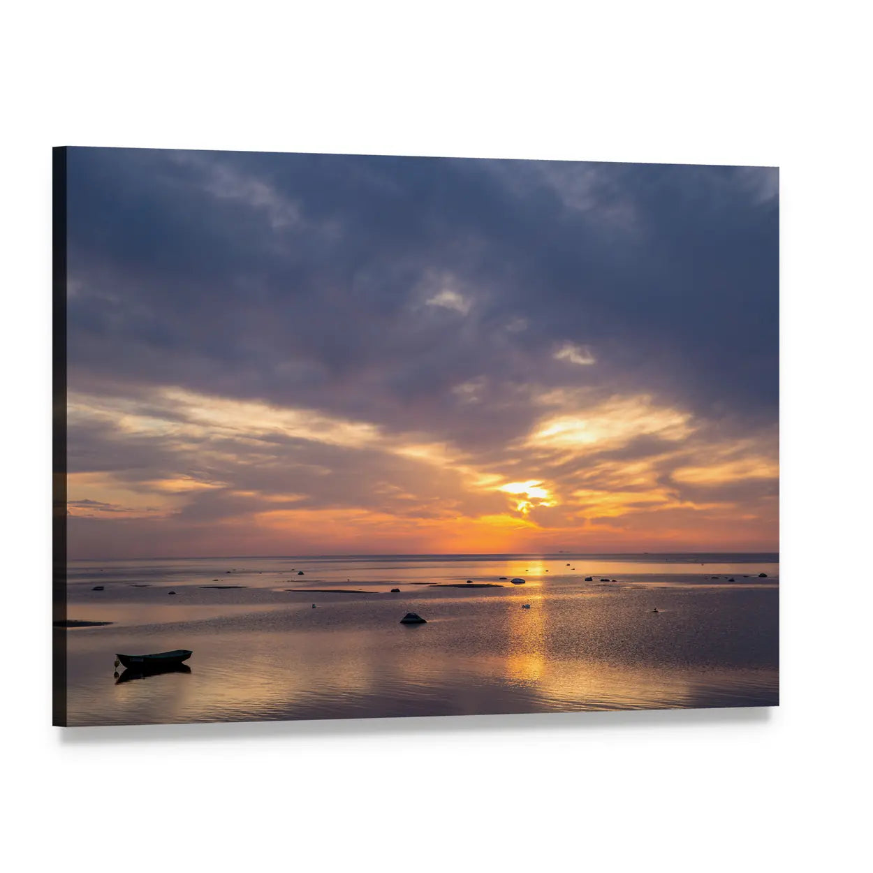 Sunset Over Calm Ocean with Boat Canvas Wall Art, single panel gallery wrapped canvas, angled product view