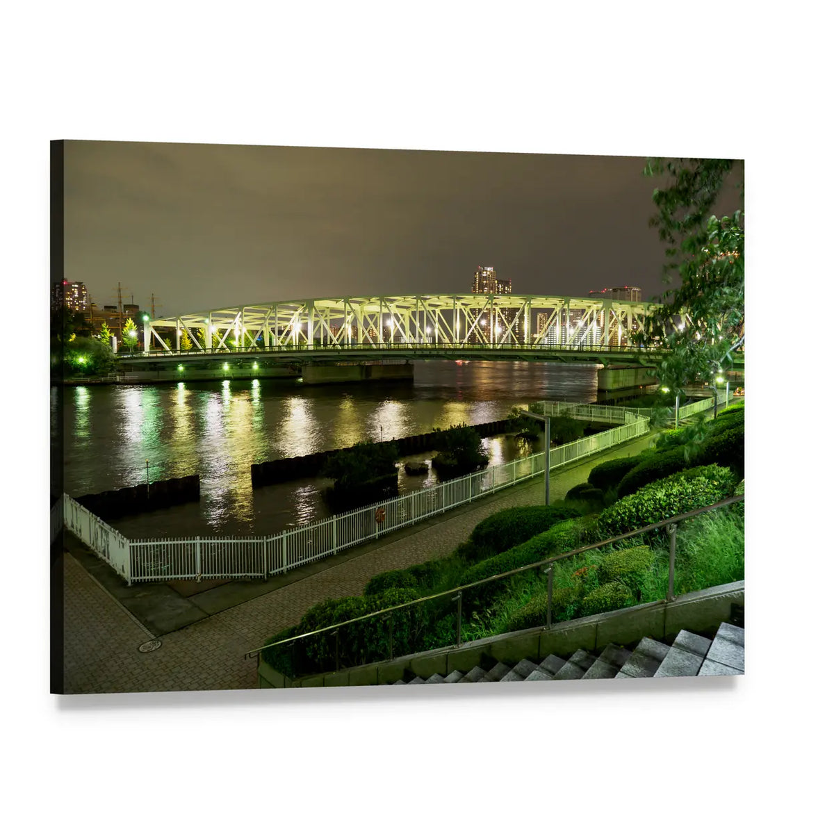 Japanese Riverside Promenade at Night Canvas Wall Art, single panel gallery wrapped canvas, angled product view