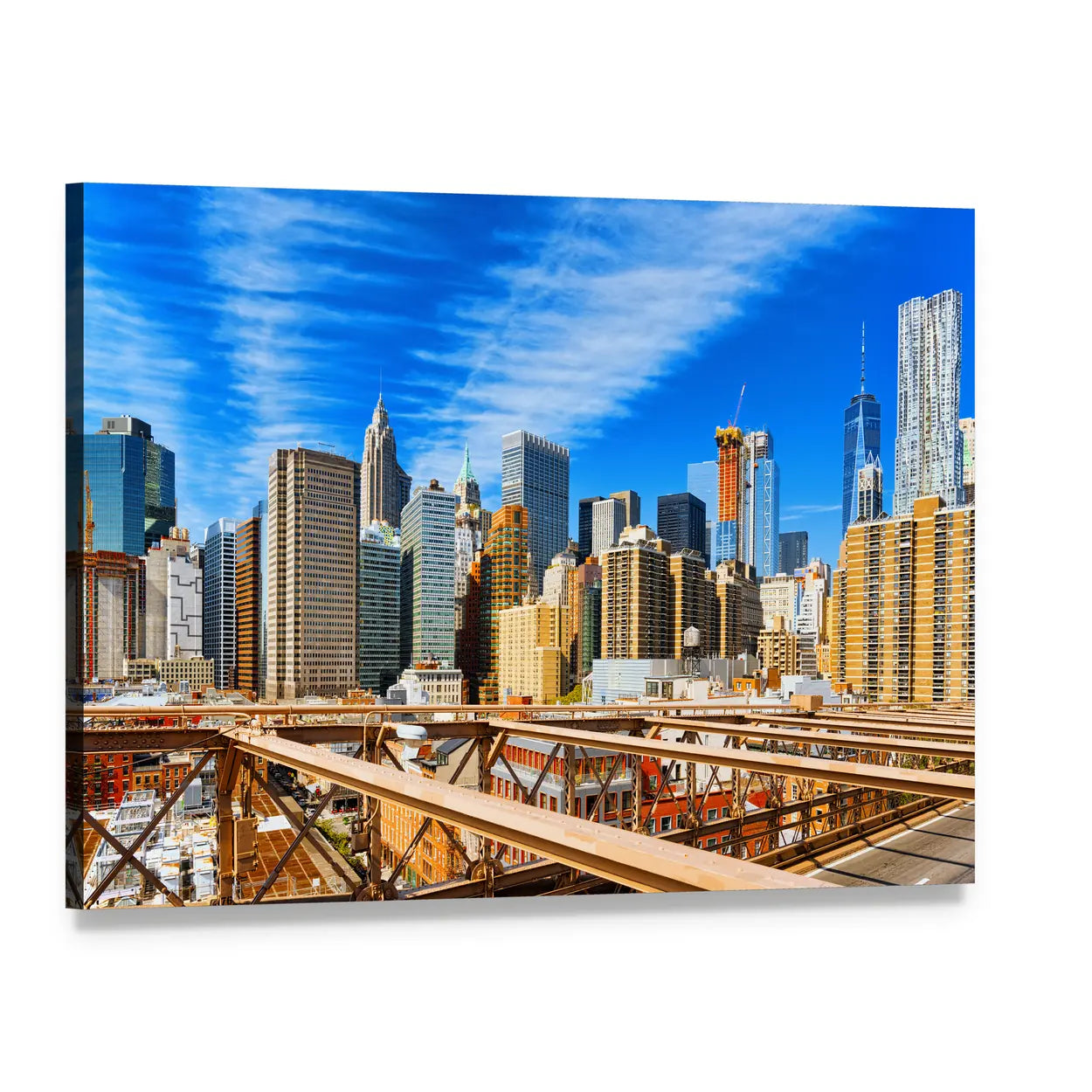 Downtown Manhattan from Brooklyn Bridge Canvas Wall Art, single panel gallery wrapped canvas, angled product view