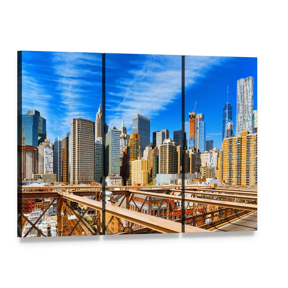 Downtown Manhattan from Brooklyn Bridge Canvas Wall Art, 3 panel 3 Horizontal layout gallery wrapped canvas set, angled product view