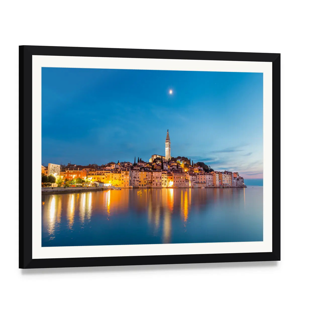 Rovinj Dusk Skyline with Church Tower Canvas Wall Art, framed print with white mat and black frame, angled product view