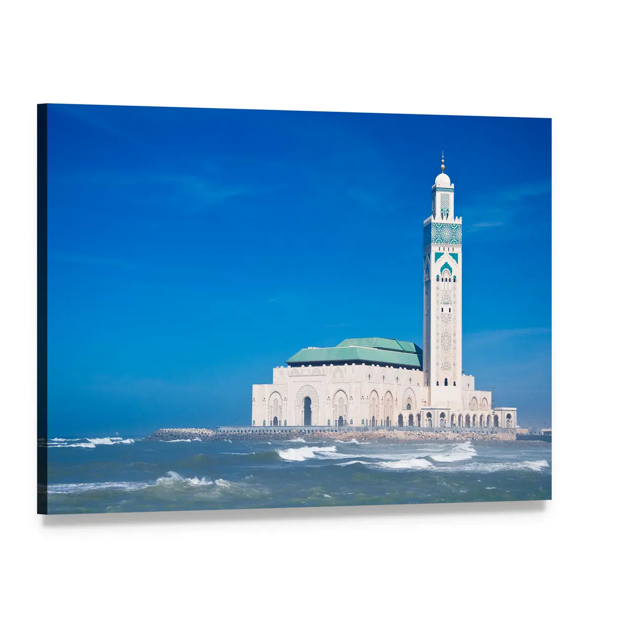 Hassan Ii Mosque with Crashing Waves Canvas Wall Art, single panel gallery wrapped canvas, angled product view
