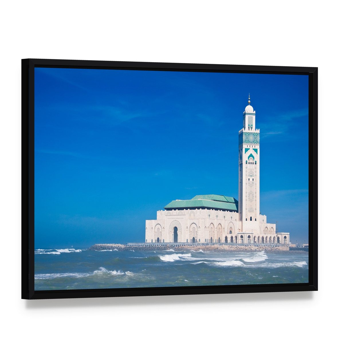 Hassan Ii Mosque, Casablanca Canvas Wall Art, framed canvas in a black floater frame, angled product view