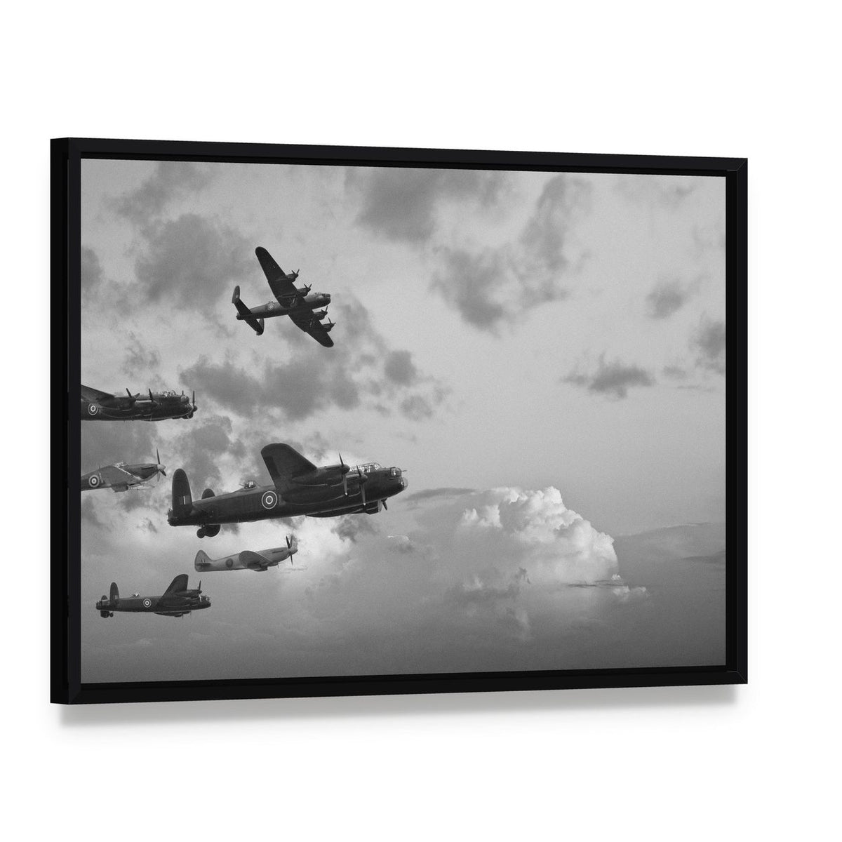 Bombers in World War Ii Canvas Wall Art, framed canvas in a black floater frame, angled product view