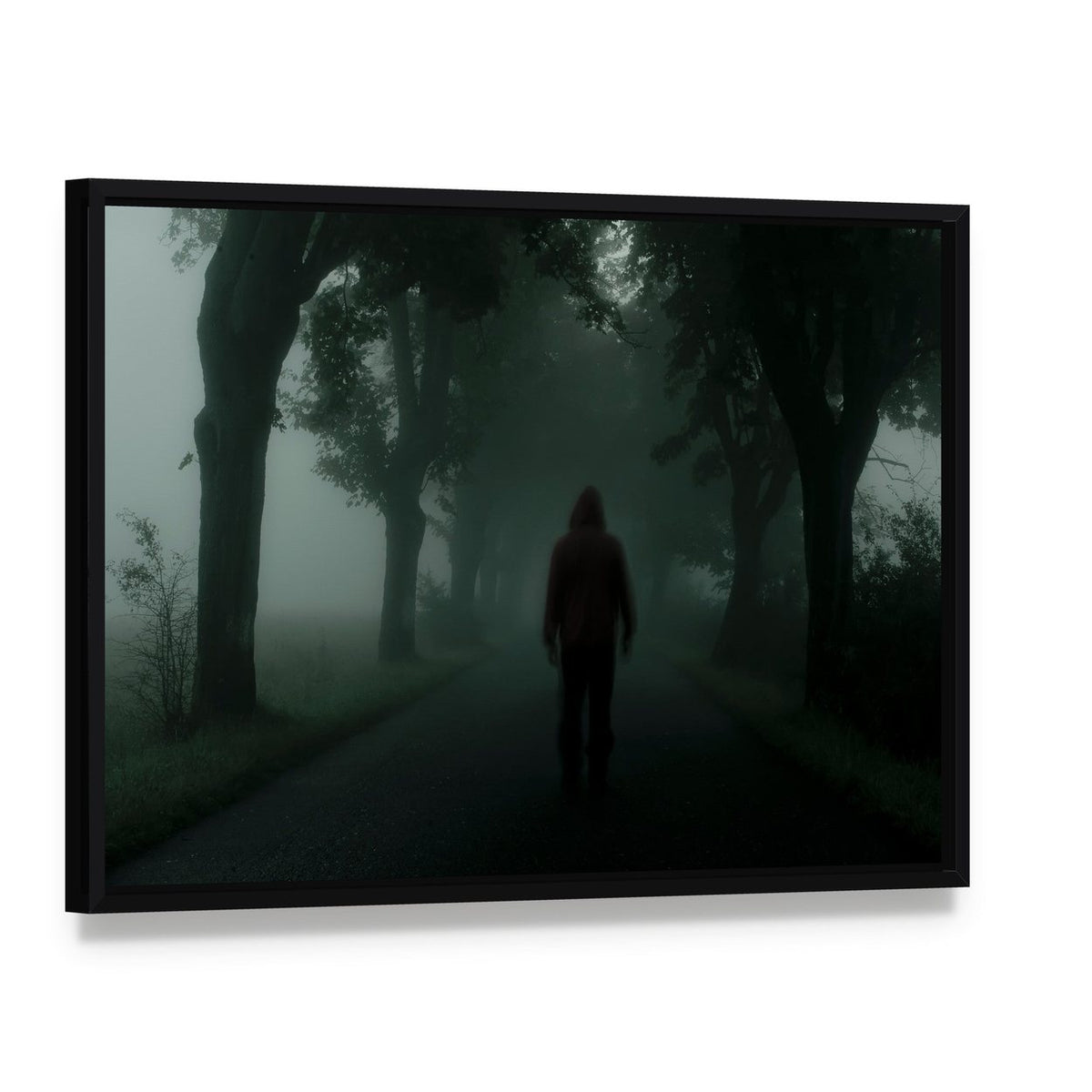 Man Silhouette in Dark Forest Canvas Wall Art, framed canvas in a black floater frame, angled product view