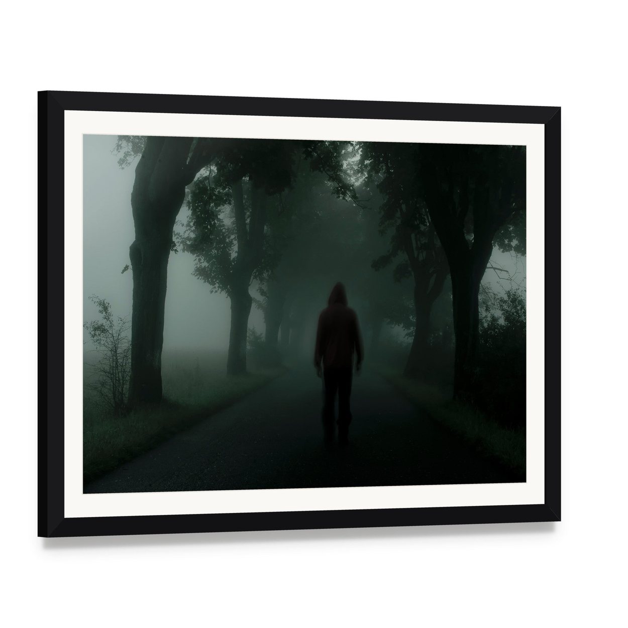 Man Silhouette in Dark Forest Canvas Wall Art, framed print with white mat and black frame, angled product view