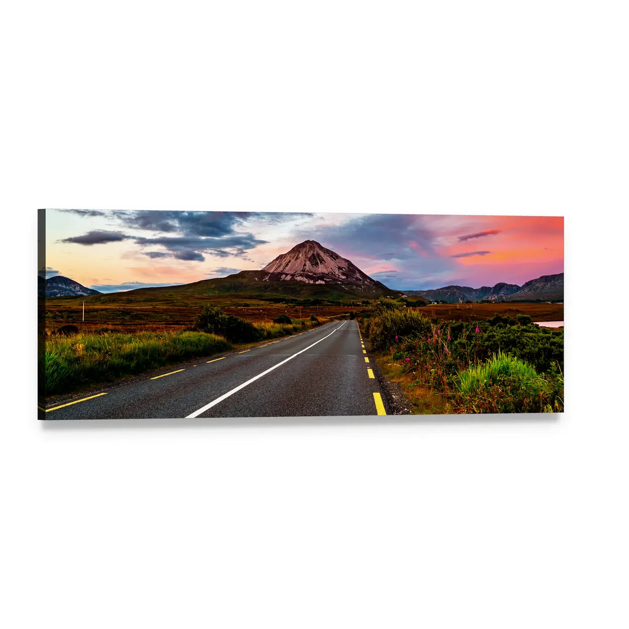 Mount Errigal at Sunset Panoramic Canvas Wall Art, single panel gallery wrapped canvas, angled product view