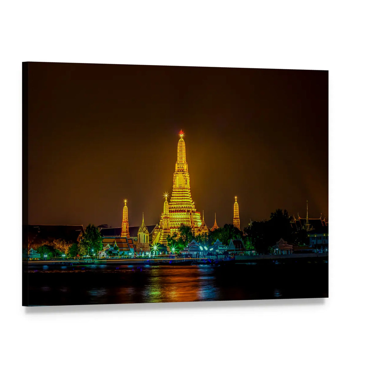 Wat Arun Temple Night Reflection Canvas Wall Art, single panel gallery wrapped canvas, angled product view