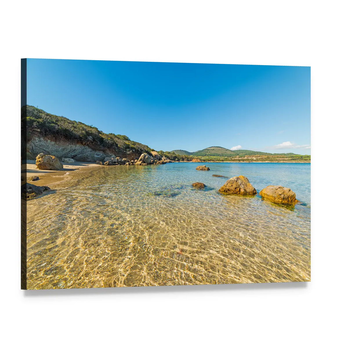 Alghero Cove with Sand and Rocks Canvas Wall Art, single panel gallery wrapped canvas, angled product view