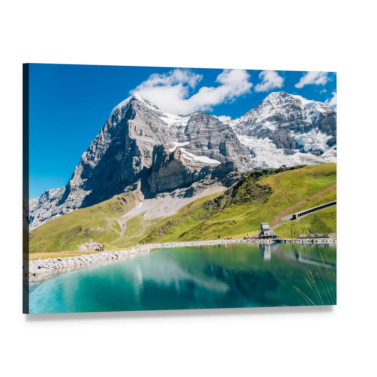 Fallbodensee Lake with Alpine Peaks Canvas Wall Art, single panel gallery wrapped canvas, angled product view