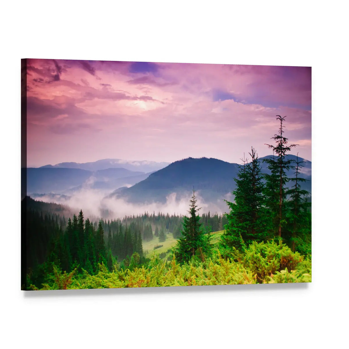 Foggy Mountain Morning Canvas Wall Art, single panel gallery wrapped canvas, angled product view