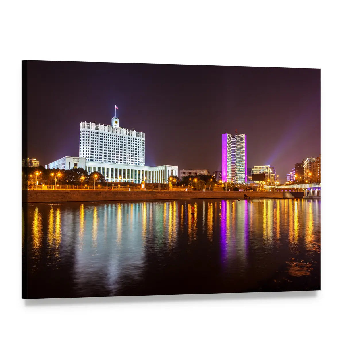 Moscow White House at Night Canvas Wall Art, single panel gallery wrapped canvas, angled product view