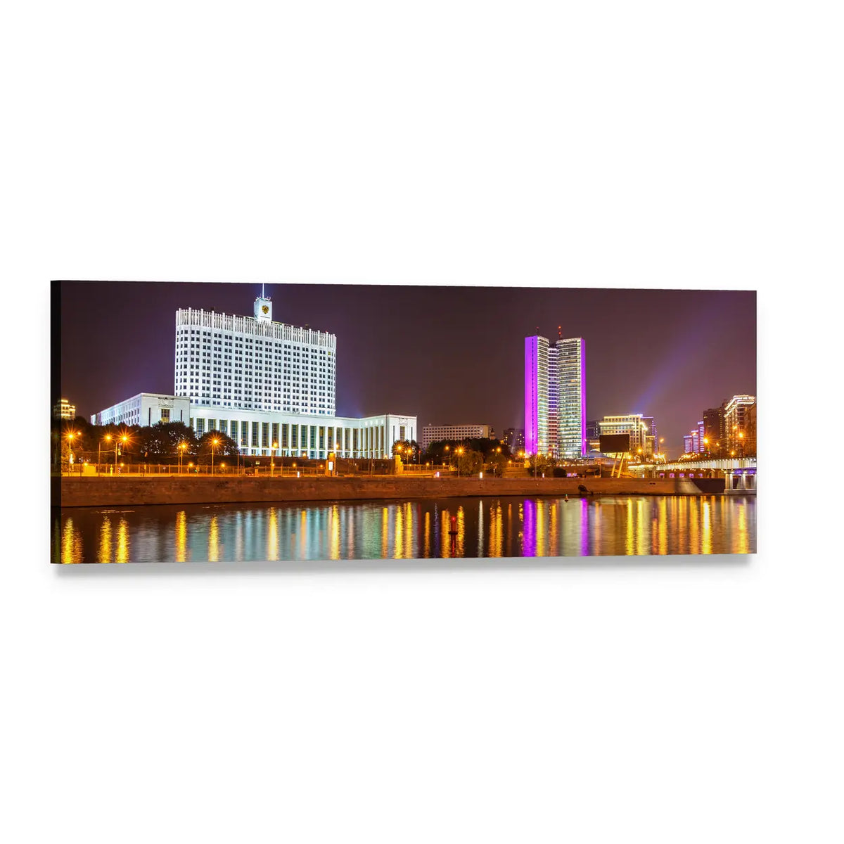 Moscow Night Skyline with White Neoclassical Building Panoramic Canvas Wall Art, single panel gallery wrapped canvas, angled product view