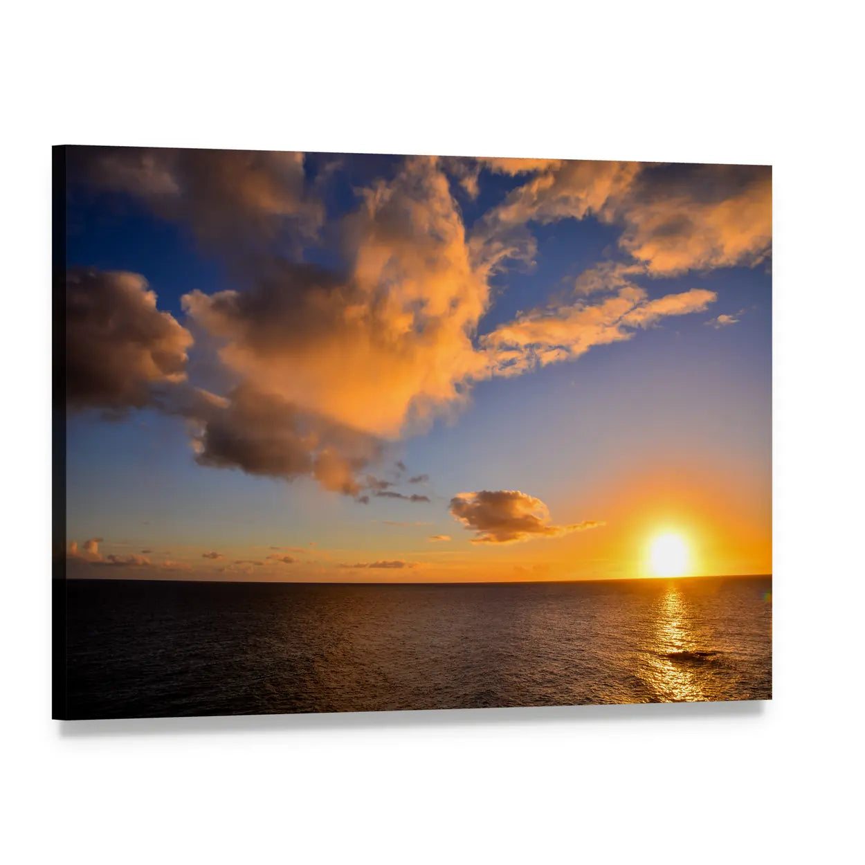 Sunset Over Ocean with Golden Reflections Canvas Wall Art, single panel gallery wrapped canvas, angled product view