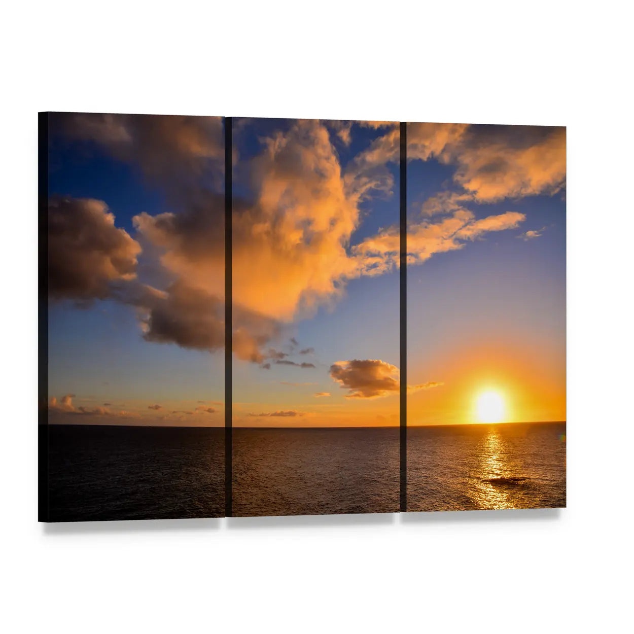 Sunset Over Ocean with Golden Reflections Canvas Wall Art, 3 panel 3 Horizontal layout gallery wrapped canvas set, angled product view