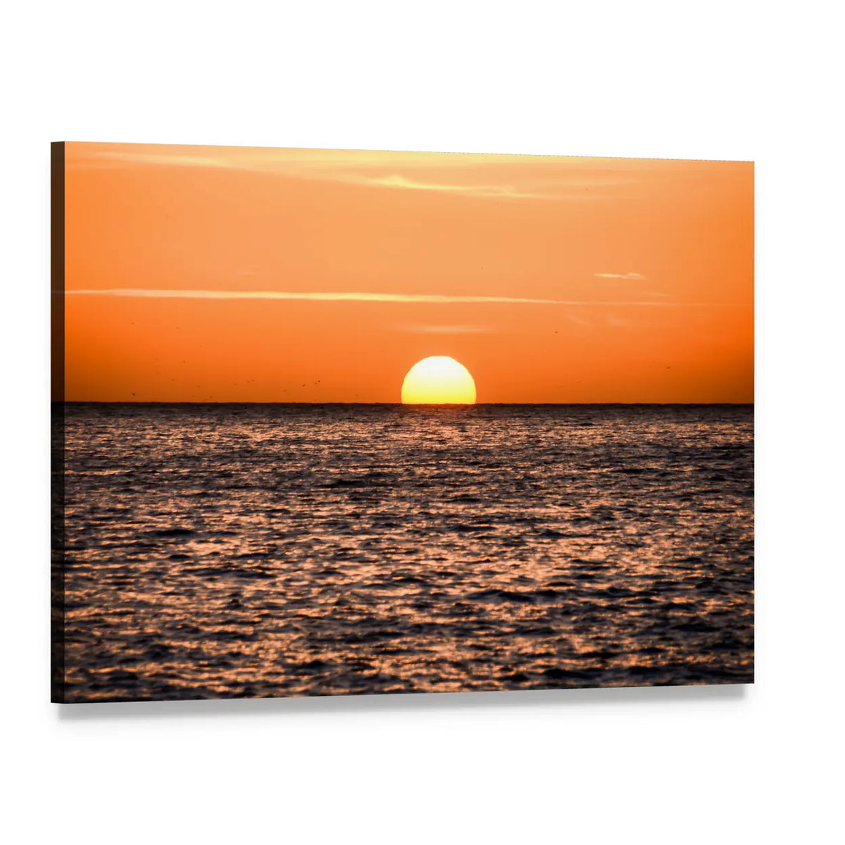 Golden Sunset Over Rippling Ocean Canvas Wall Art, single panel gallery wrapped canvas, angled product view