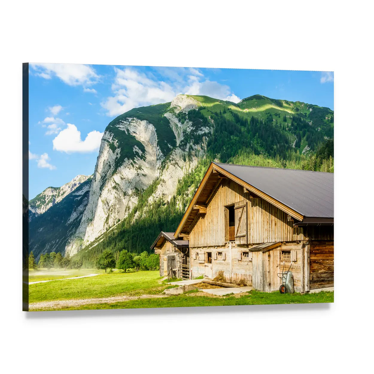 Alpine Valley with Barn Canvas Wall Art, single panel gallery wrapped canvas, angled product view