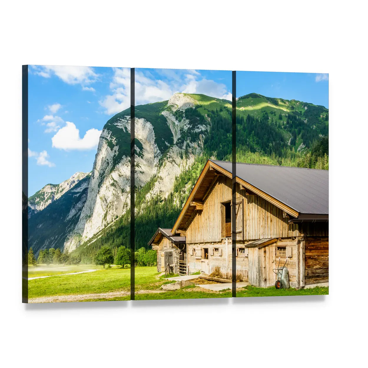 Alpine Valley with Barn Canvas Wall Art, 3 panel 3 Horizontal layout gallery wrapped canvas set, angled product view