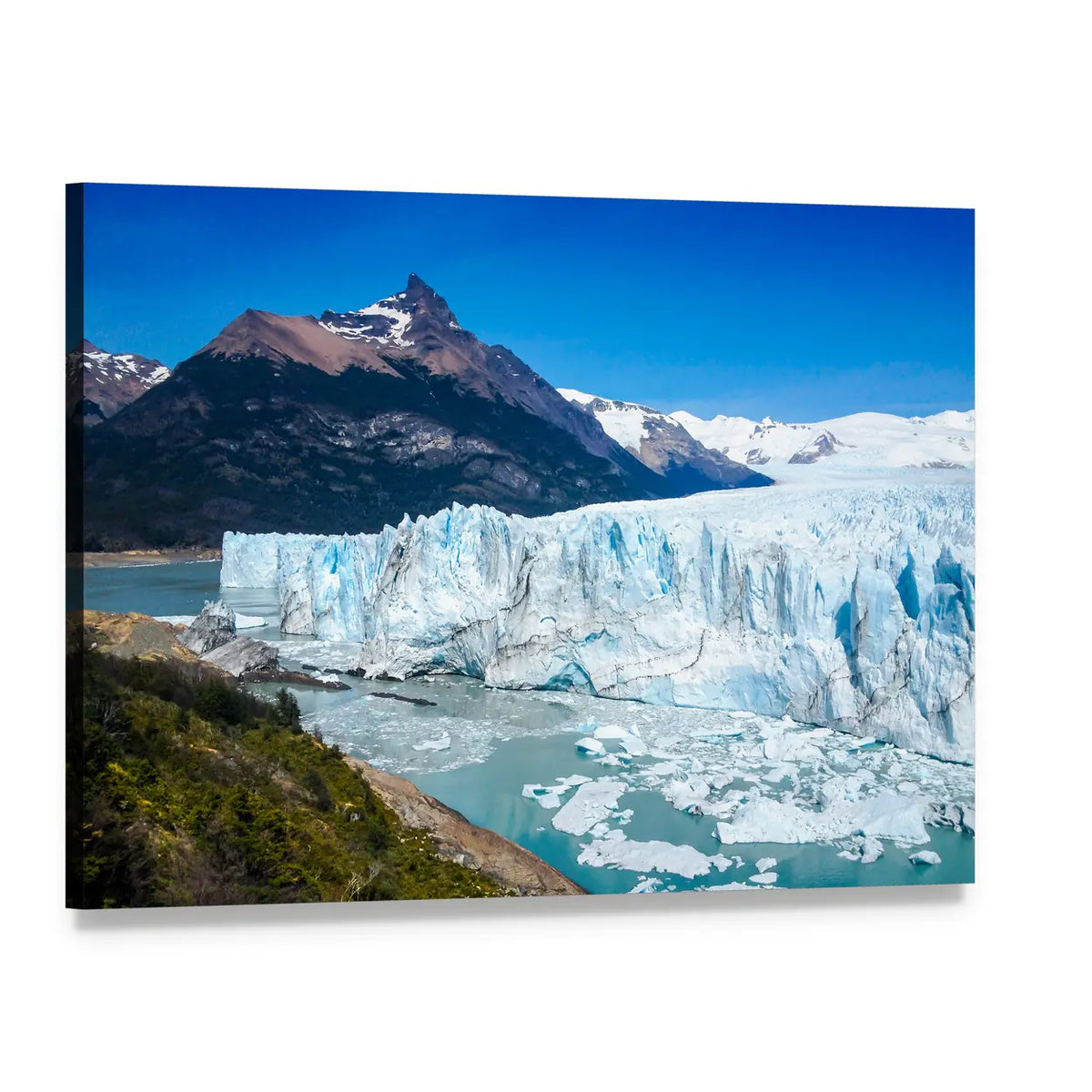 Perito Moreno Glacier Landscape Canvas Wall Art, single panel gallery wrapped canvas, angled product view
