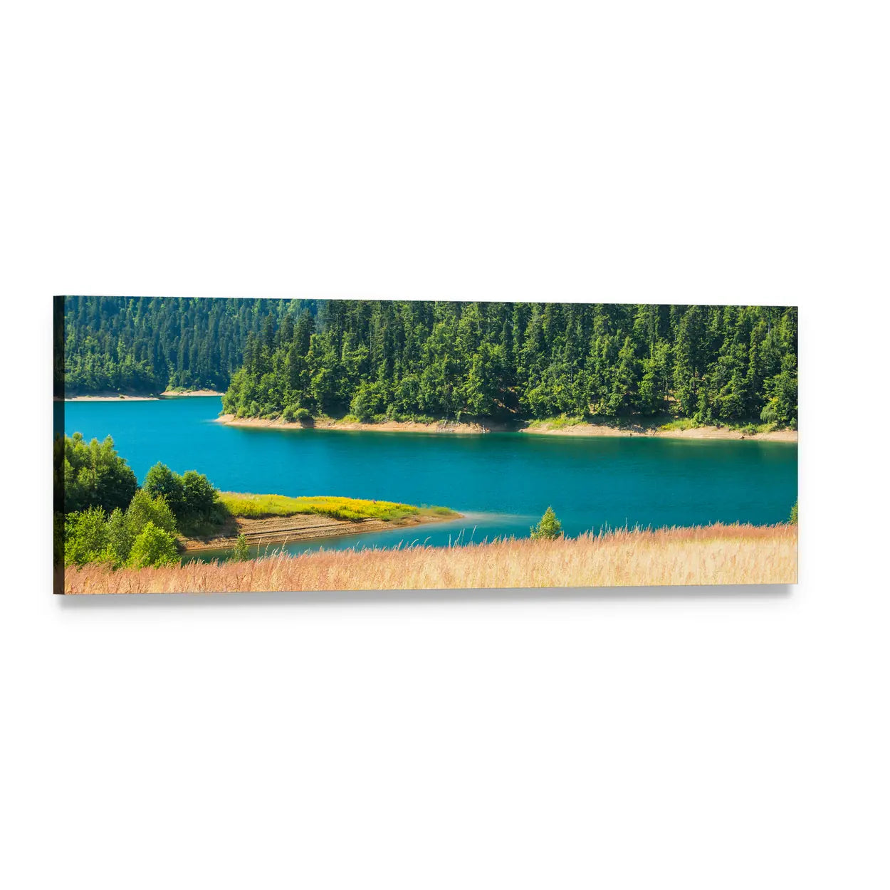 Lokvarsko Lake Turquoise Shoreline Panoramic Canvas Wall Art, single panel gallery wrapped canvas, angled product view