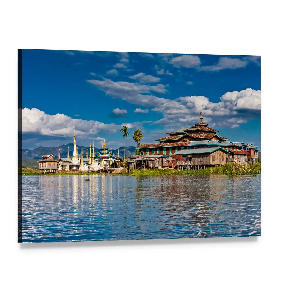Lakeside Buddhist Monastery Canvas Wall Art, single panel gallery wrapped canvas, angled product view