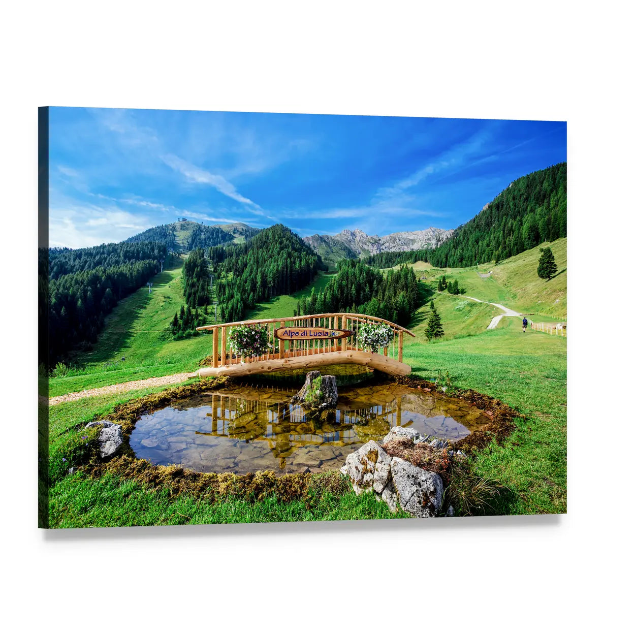 Alpe Di Lusia Bridge Over Mountain Pond Canvas Wall Art, single panel gallery wrapped canvas, angled product view